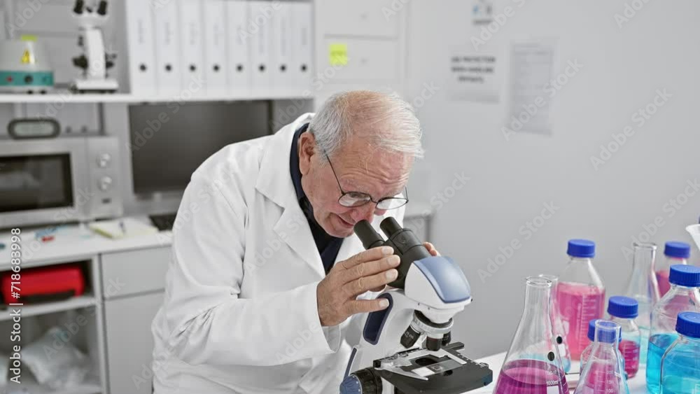 Cheerful senior man scientist, with a confident smile, sitting in a laboratory amidst research work, arms casually crossed, studying samples under the microscope, embodying the spirit of discovery. Cheerful senior man scientist, with a confident smile, sitting in a laboratory amidst research work, arms casually crossed, studying samples under the microscope, embodying the spirit of discovery.