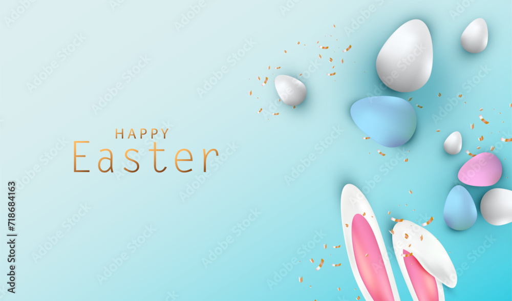 Easter Eggs background with bunny ears. Festive holiday 3D composition design. Happy Easter vector.