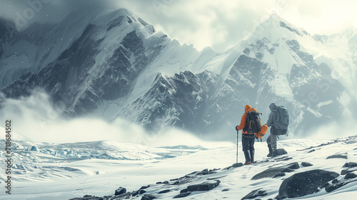 Hikers trekking in a vast snowy mountain landscape.