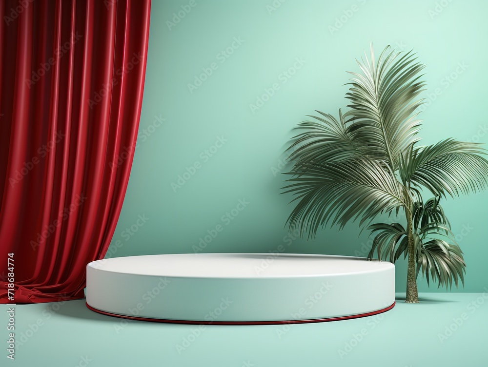 Obraz premium A miniature circular stage decorated with palm leaves with a curtain behind it. generative AI