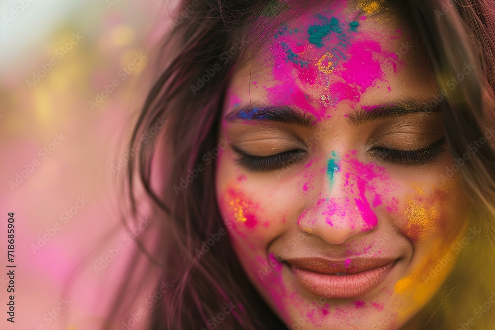 Indian woman with colorful holi powder at a holi festival, candid portrait