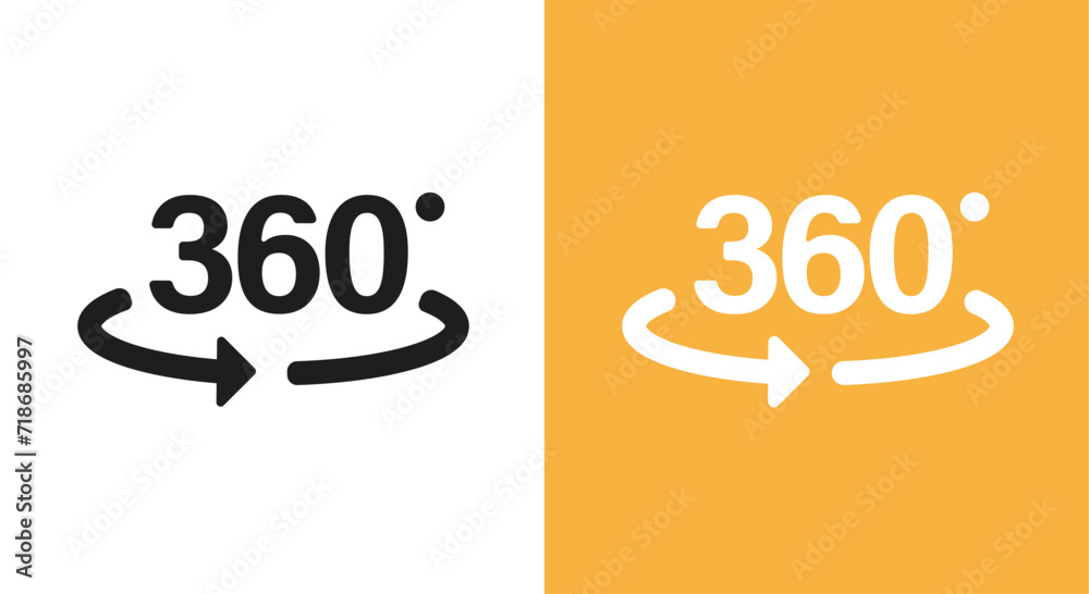 360 degree view spin icon sign vector graphic simple black white pictogram set, wide angle rotate arrow circular label glyph image clipart yellow - obrazy, fototapety, plakaty 