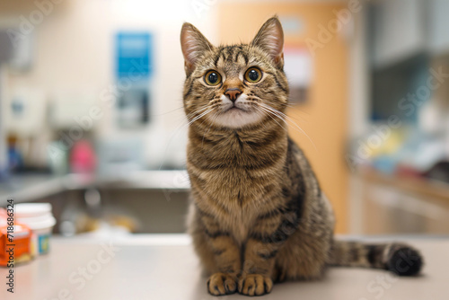 a cat on a table in a veterinary clinic