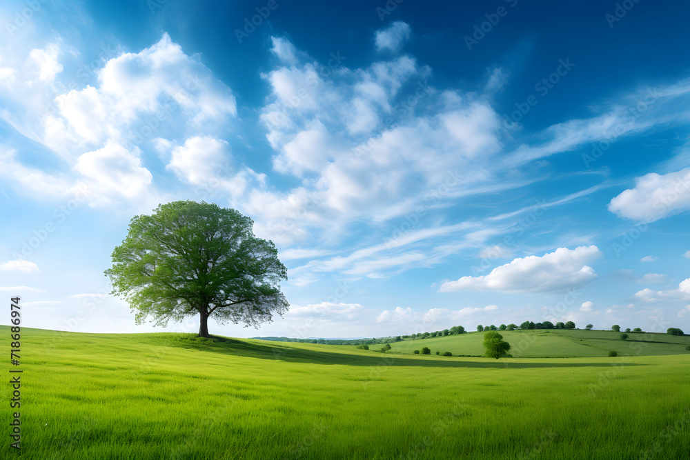 Obraz premium tree on a hill with blue sky and cloud background