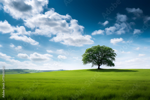 tree on a hill with blue sky and cloud background