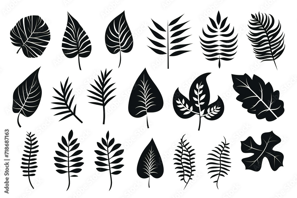 Set of tropical leaves silhouettes. Collection palm leaves. Jungle exotic leaves and botanical plants. Vector illustration. Generative Ai - obrazy, fototapety, plakaty 