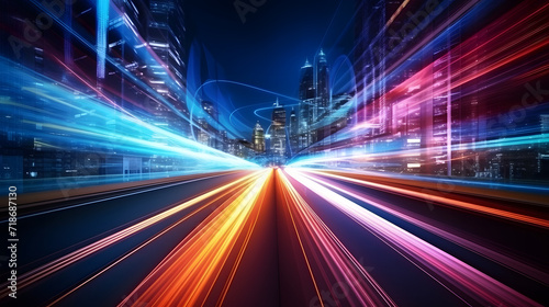 Abstract speed light in city with gradient lighting design ,Smart city and digital connection technology concept.