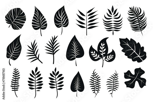 Set of tropical leaves silhouettes. Collection palm leaves. Jungle exotic leaves and botanical plants. Vector illustration. Generative Ai photo