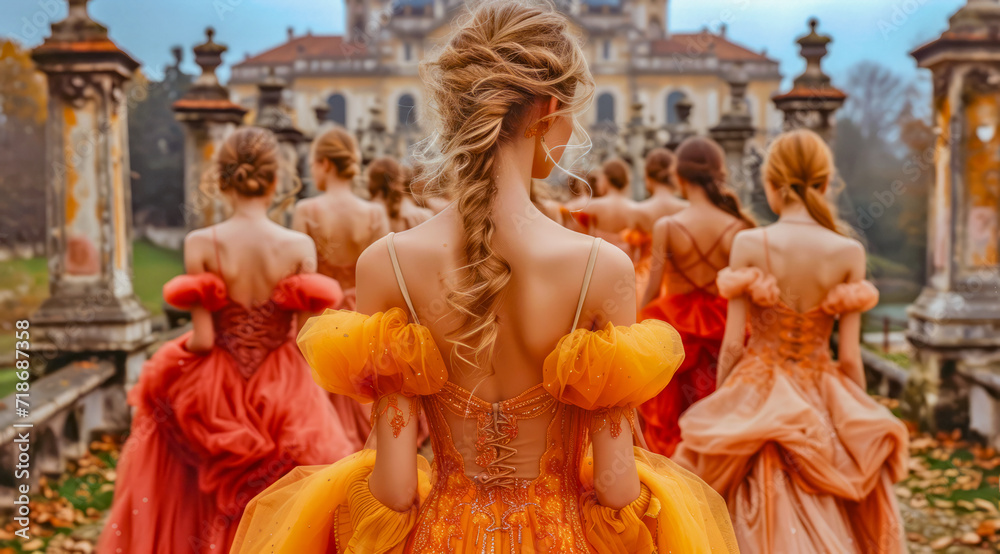 A woman in an orange dress facing away, overlooking a castle garden, AI generated A woman in an orange dress facing away, overlooking a castle garden, AI generated