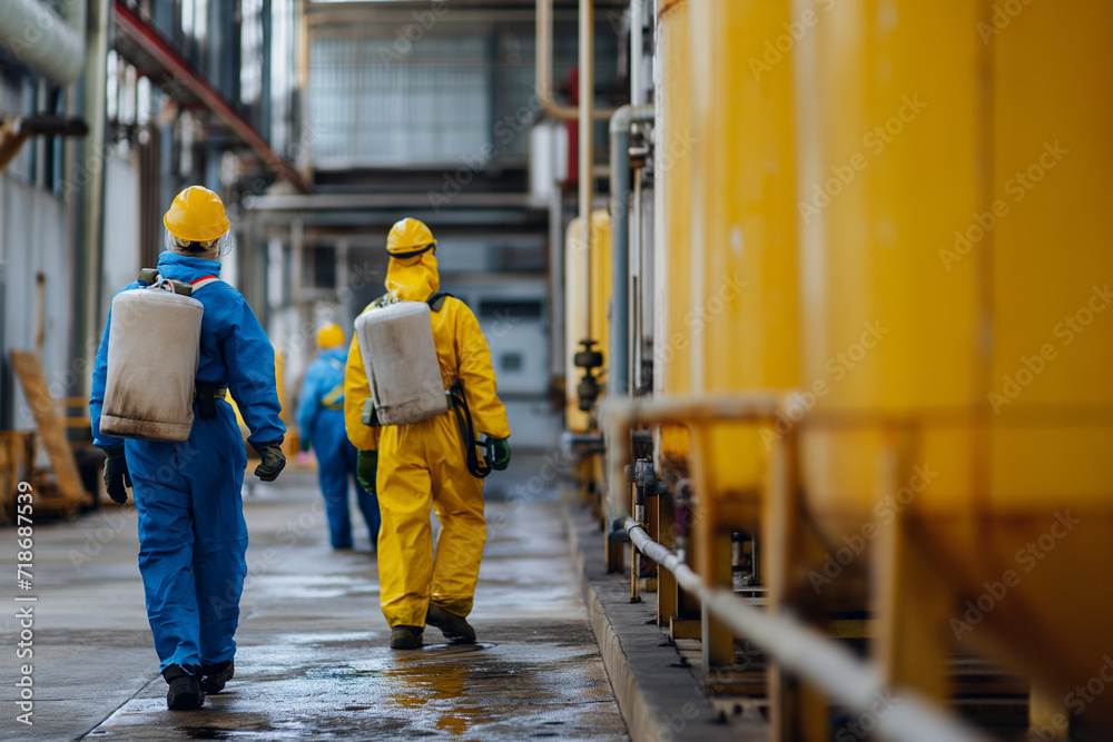 workers in chemical protection suits at work workers in chemical protection suits at work