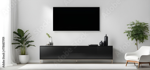 Modern Flat screen tv, front view, minimalism house. © phimprapha