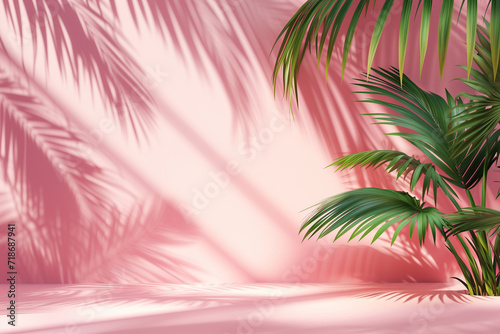 tropical leaf on pink background with space for text