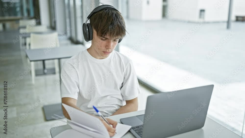 A young caucasian male student wearing headphones studies with a laptop in a modern university setting. A young caucasian male student wearing headphones studies with a laptop in a modern university setting.