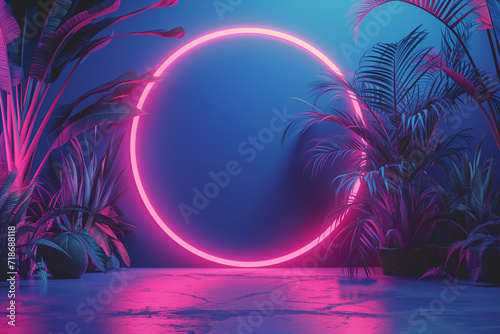 Tropical leaves in neon light  abstract background