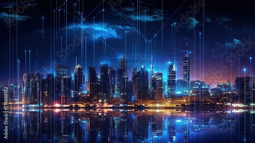 smart city skyline with network connections and high rise at night