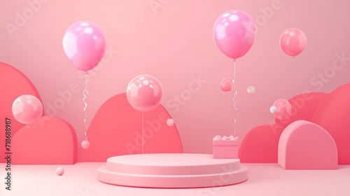 Pink podium background. Balloon. 3D product display pastel colored ball birthday gift on stage. Abstract podium. Pink background.