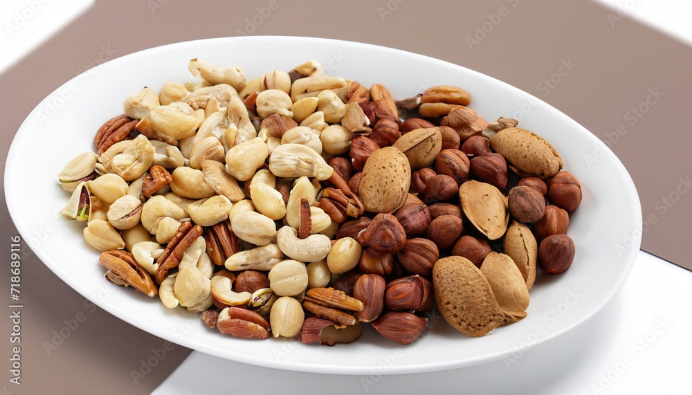 different nuts in a white plate on a white background different nuts in a white plate on a white background