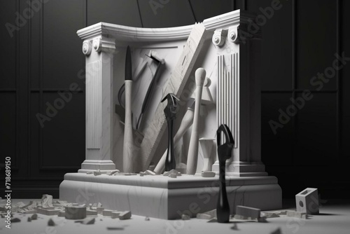 Abstract podium with carpenter's tools on monochrome background. Generative AI