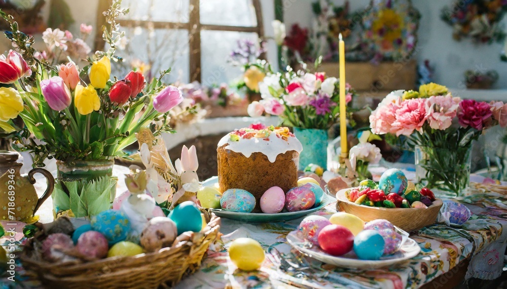 A table with Easter decorations with Easter-themed sweets and flowers