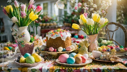 A table with Easter decorations with sweets and flowers on the Easter theme