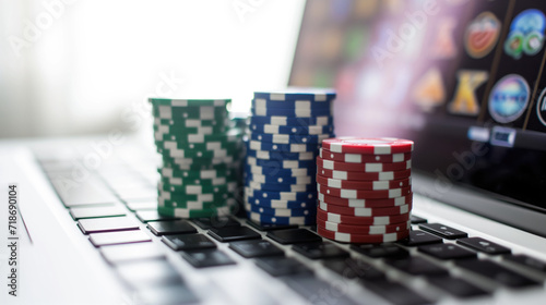 casino poker chips on laptop keyboard