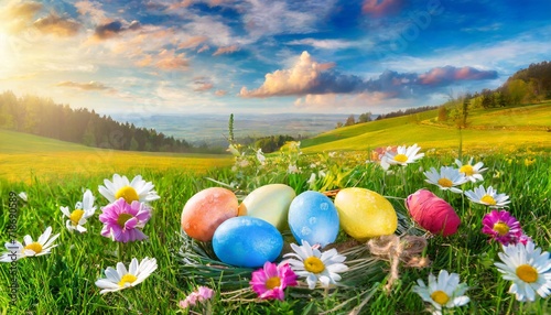 Easter eggs in the grass in the background mountains and sun