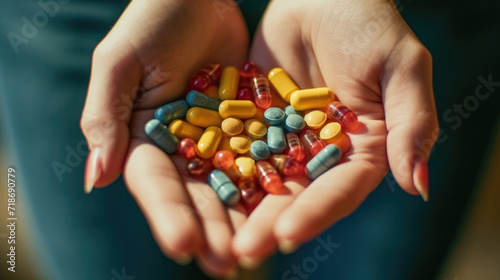 Close - up photo of Woman's hands holding different pills © Thanos