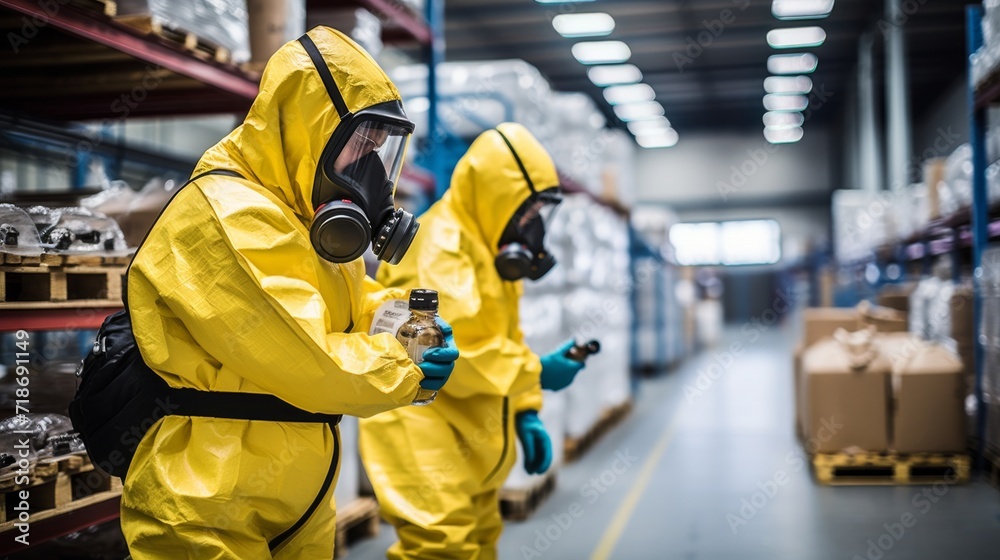 Gas maskwearing officers assess a chemical leak in an industrial