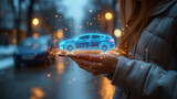 A woman is hailing a taxi using an app that has a hologram showing the vehicle