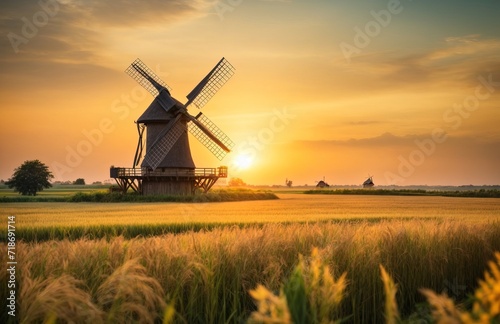 Windmill in meadow rice field