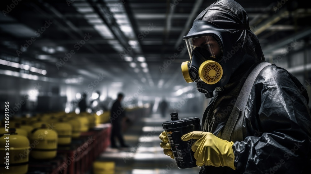 Gas maskwearing officers assess a chemical leak in an industrial