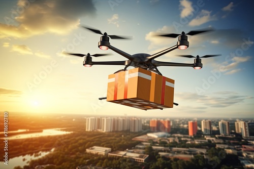 Emergency drone delivery securely transports medicaments to hospitals. Ambulance Courier aid doctors with medical supplies. Warehouse to delivery point air mobility delivery aerospace medical logistic