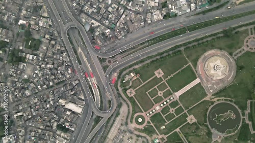 A top-down aerial shot of Aazadi Chowk, Lahore city. photo