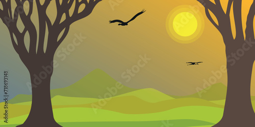 Fototapeta Naklejka Na Ścianę i Meble -  African landscape with birds silhuettes, vector banner or background. Tropical African nature