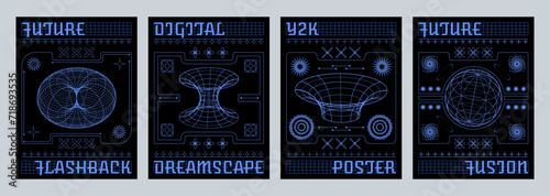 Poster and banner design template set in retro y2k aesthetic style with wireframe tunnel and sphere geometric shape on black background. Vector cyberpunk and techno cover with grid ornament figure.