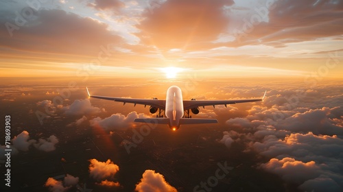 An airplane flying above the clouds in front of an exceptional sunset photo