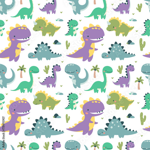 Seamless vector pattern. Cute dinosaurs in bright colors. Illustrations in a simple children's style. White background . Vector illustration