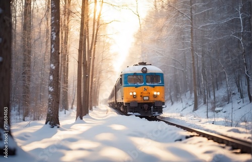 Train passing through forest on bright snow forest