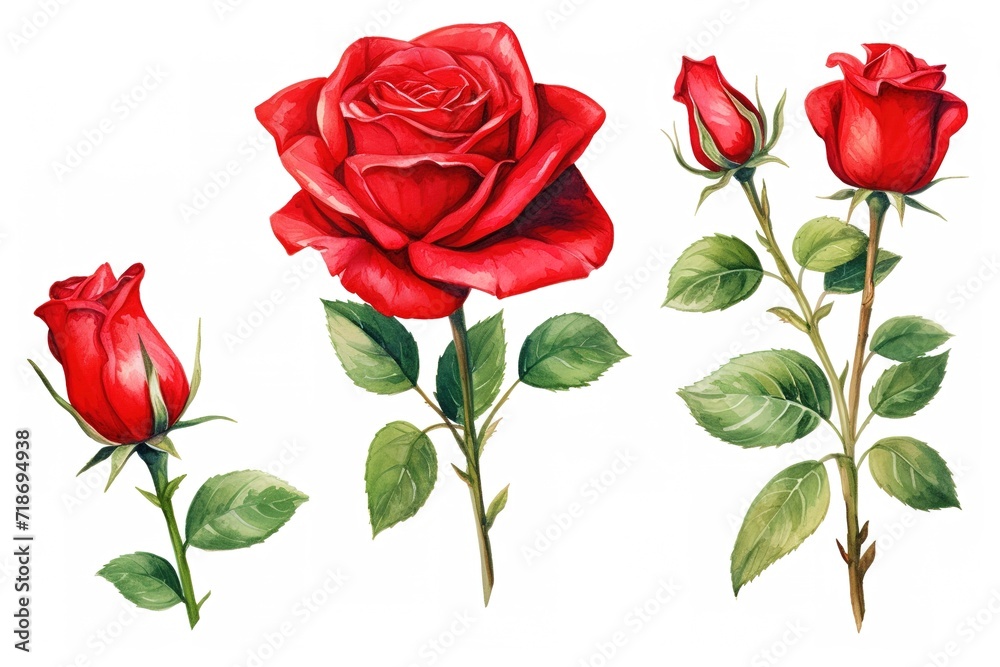 set red rose, beautiful flower on an isolated white background, watercolor illustration, botanical painting. Generative Ai