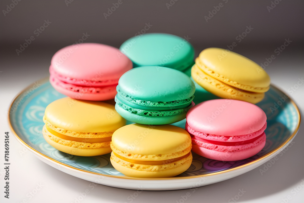 A plate of colorful macarons arranged in a delicate pattern. A plate of colorful macarons arranged in a delicate pattern.