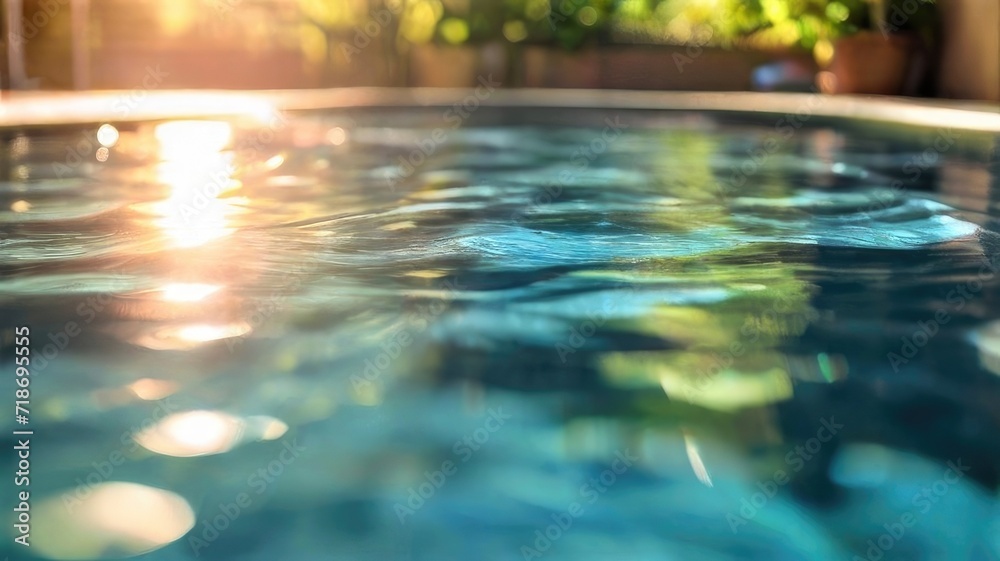 Calm water in pool with sunlight. The concept of peace and relaxation. Close-up, selective focusing, defocusing