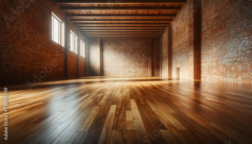 Classic brick wall with polished wooden floor interior backdrop. Generative AI.
