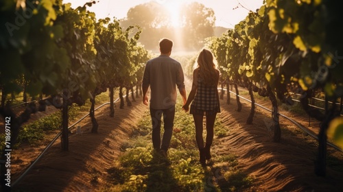 Rear view of a couple strolling through a grape plantation at sunset. Autumn harvest, winery, date and lifestyle concepts.