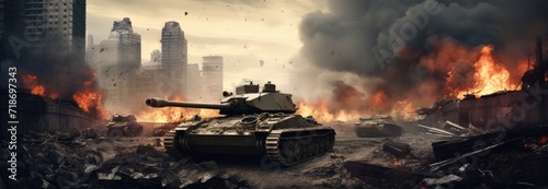 Tanks navigate through the war-torn landscape, with flames from a grenade burning in the background. photo