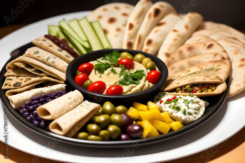 A platter of Mediterranean mezze with hummus, olives, and pita bread