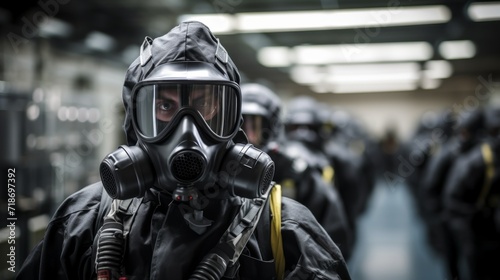 Gas mask-wearing officers assess a chemical leak in an industrial warehouse, Technicians in gas masks assess toxic spills in industrial warehouses.