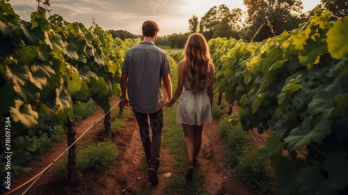 Rear view of a young couple on a date in a grape plantation at sunset. Autumn harvest, winery, lifestyle concepts.