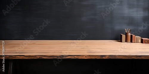 Empty studio with a wooden desk for product decor, against a black background for text placement.