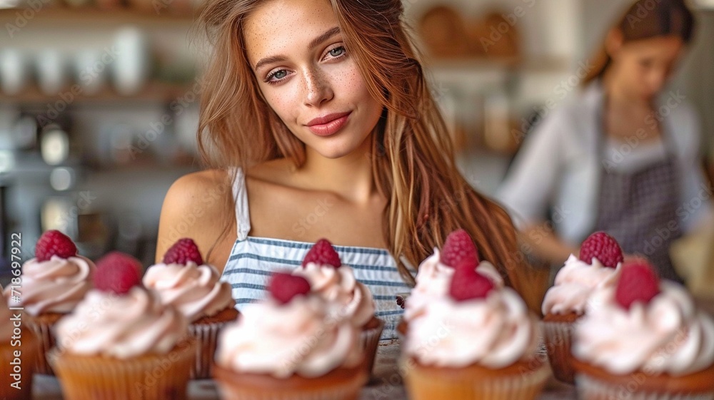 Woman at kitchen counter frosting cupcakes.