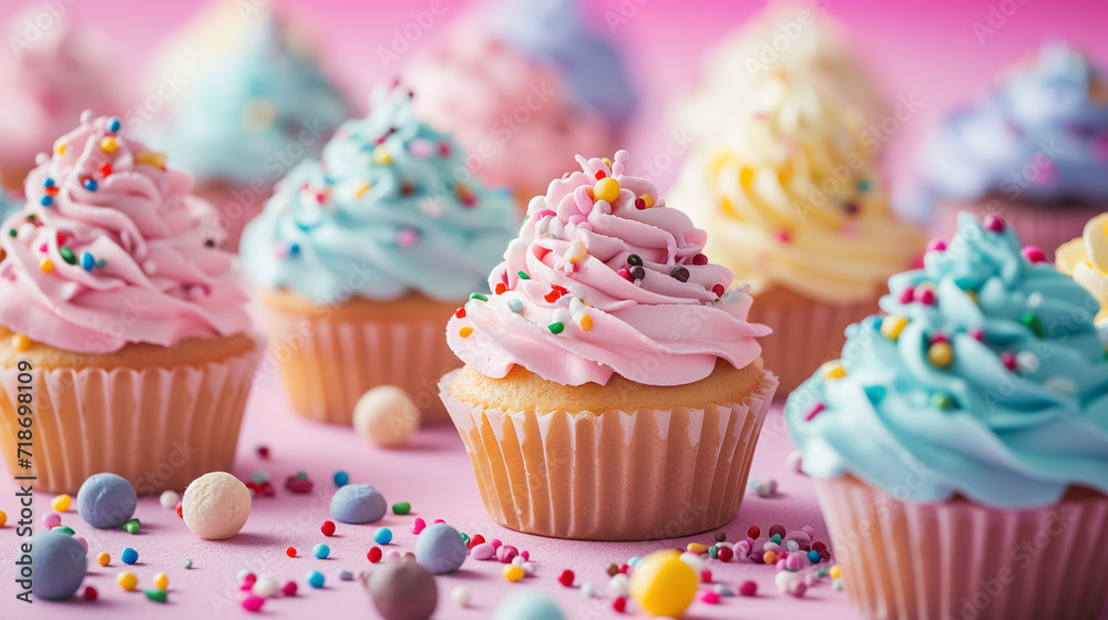 Colorful cupcakes with festive sprinkles on pink background.